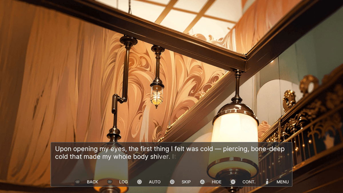 Puppet Theater – An ornate ceiling with elegant swirls of gold and peach patterns surrounds antique hanging lamps.