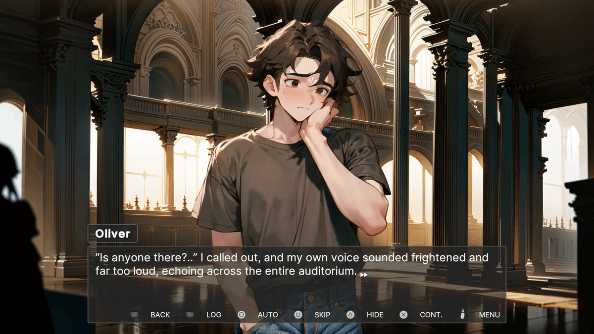 Puppet Theater – Oliver stands inside a vast, cathedral-like auditorium with tall arches and classical architecture.