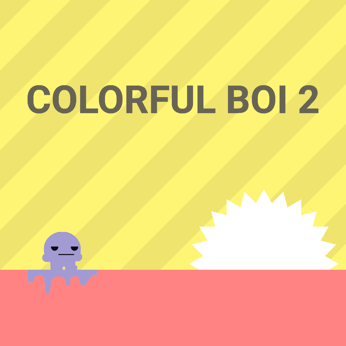 Colorful Boi 2 - Logo for the game "Colorful Boi 2" featuring a purple character standing on a red platform with a large white saw blade, set against a yellow striped background.