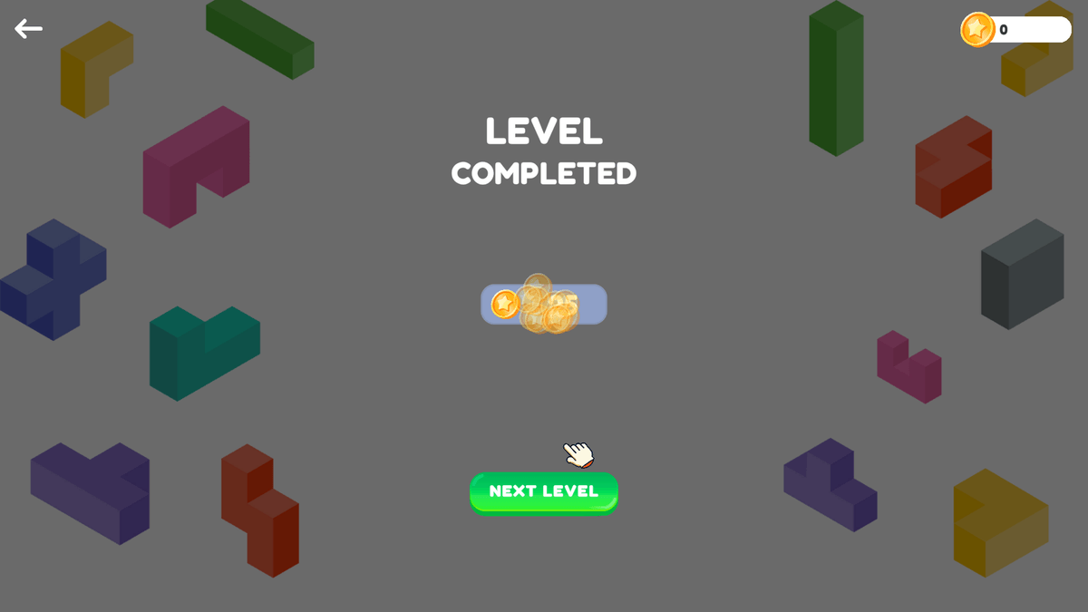 Blocky Blast - Blocky Blast level completed screen showing coins earned and a Next Level button.