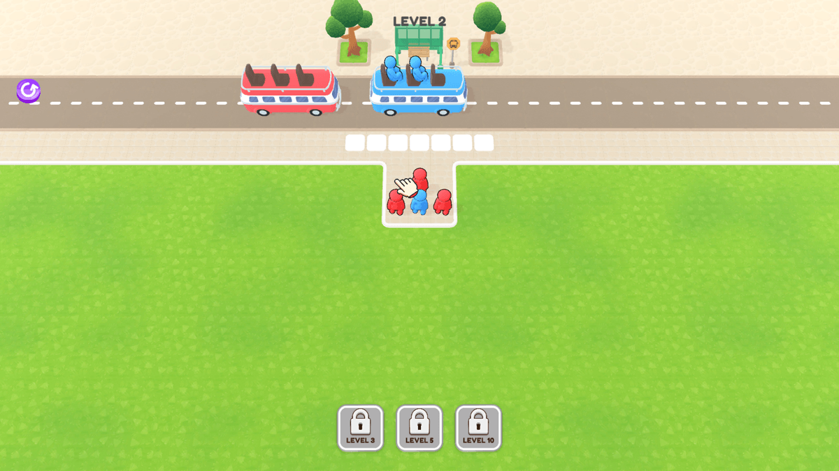 Bus Stop Shuffle - Colorful puzzle level in Bus Stop Shuffle where players organize passengers for boarding