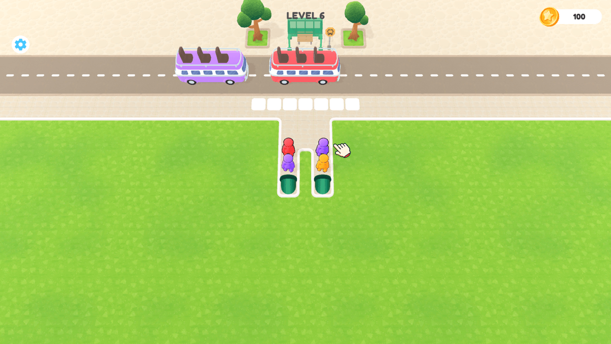Bus Stop Shuffle - Gameplay screenshot of Bus Stop Shuffle showing multiple passengers waiting to be arranged."