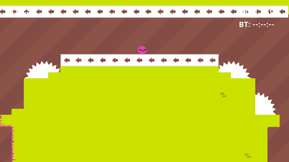 Colorful Boi 2 - Yellow character in a brown and yellow level with two directional conveyor belts and saw traps.