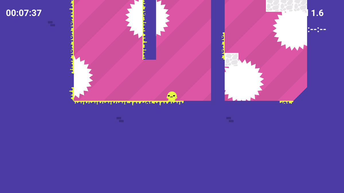Colorful Boi 2 - Purple and pink level featuring large circular saws and a yellow character standing at the bottom.