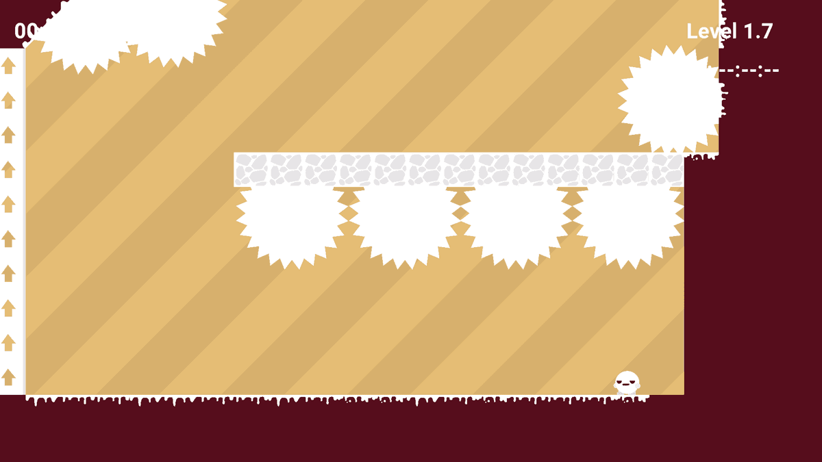Colorful Boi 2 - Yellow and red level filled with saw blades hanging from a ceiling platform, with the character at the right.