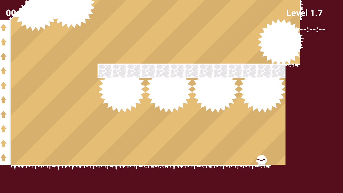 Colorful Boi 2 - Yellow and red level filled with saw blades hanging from a ceiling platform, with the character at the right.