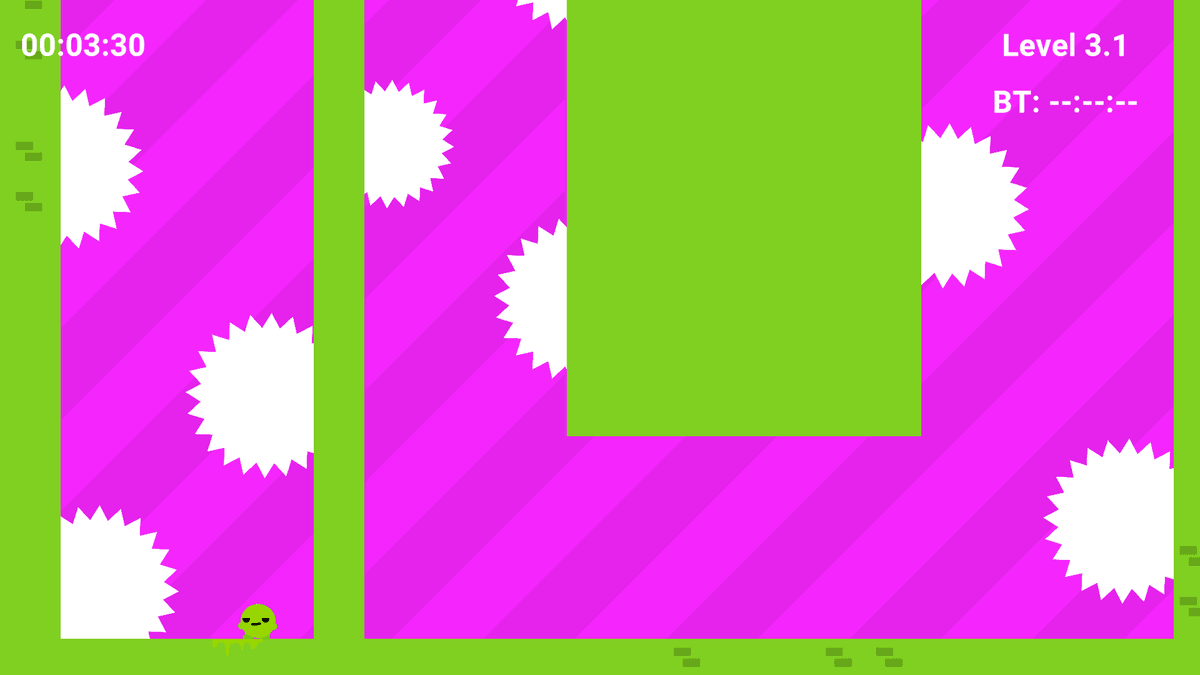 Colorful Boi 2 - Bright pink and green level filled with saw blades and obstacles, requiring tight movement.