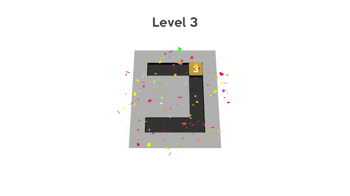 Cubes Problem - A game interface showing "Level 4" with a confetti animation. A gold cube labeled "3" is in the bottom right corner of a black path on a gray background.