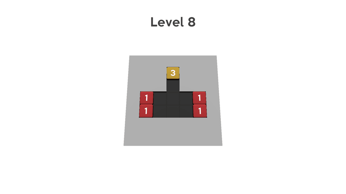 Cubes Problem - game interface showing "Level 8" with a black path containing blue cubes labeled "2" on each side and a gold cube labeled "3" in the center.