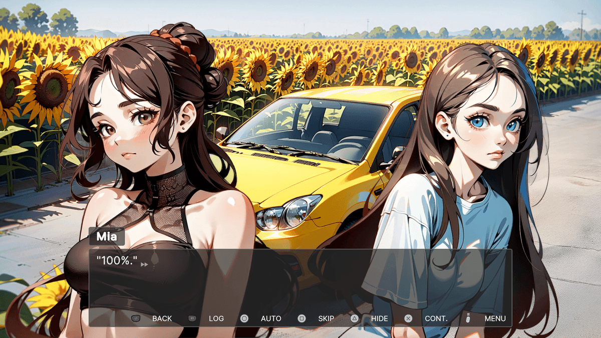 For a frew minutes - Mia and Sarah stand together in front of a bright yellow car parked beside endless fields of sunflowers.