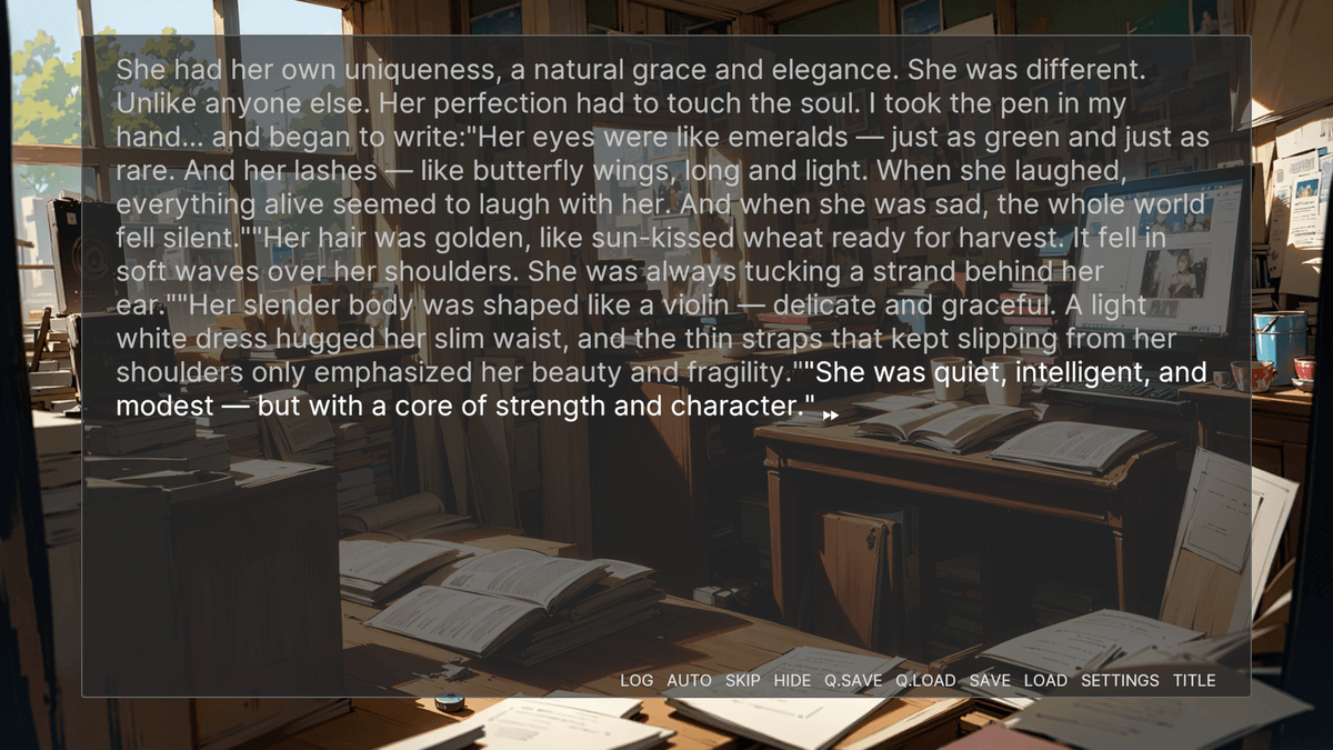 Close-up of Dan on black background; dialogue box with anxious self-talk about thinking and having no other skills; VN interface icons visible.