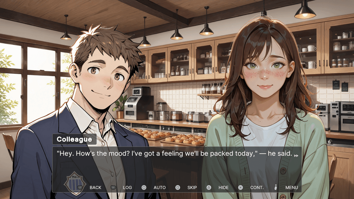 Lamplighter - café conversation—Diana with a smiling male colleague in suit; dialogue predicts a busy day.