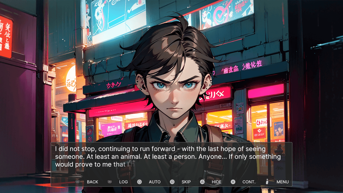 Morning - Ash stands in a vibrant neon-lit city street at night, looking determined. He reflects on his desperation to find someone—anyone—in the eerily empty world.