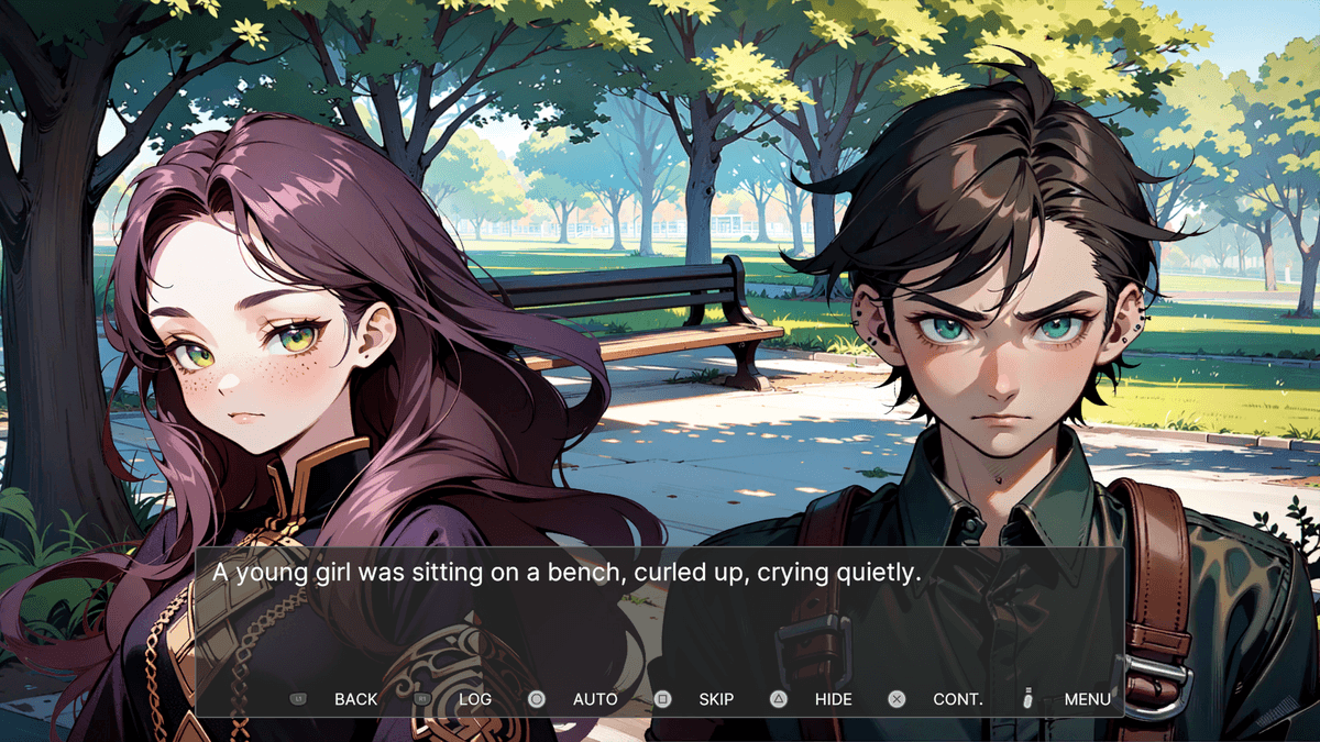 Morning - Ash and a young girl with long purple hair and green eyes, named Nira, appear in a park. She sits curled up on a bench, quietly crying as Ash observes her.