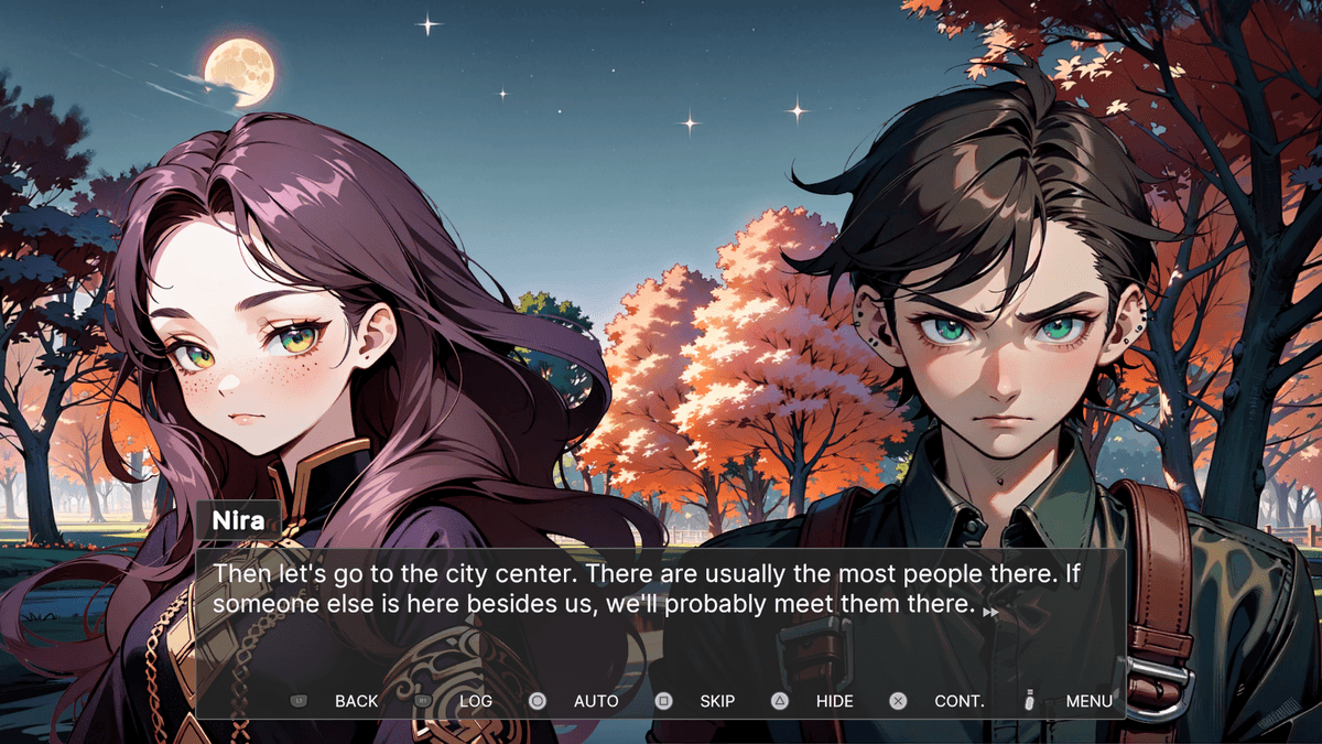 Morning - Under a starlit sky in an autumn forest, Nira suggests to Ash that they go to the city center to find others. Ash stands beside her, silent and watchful.