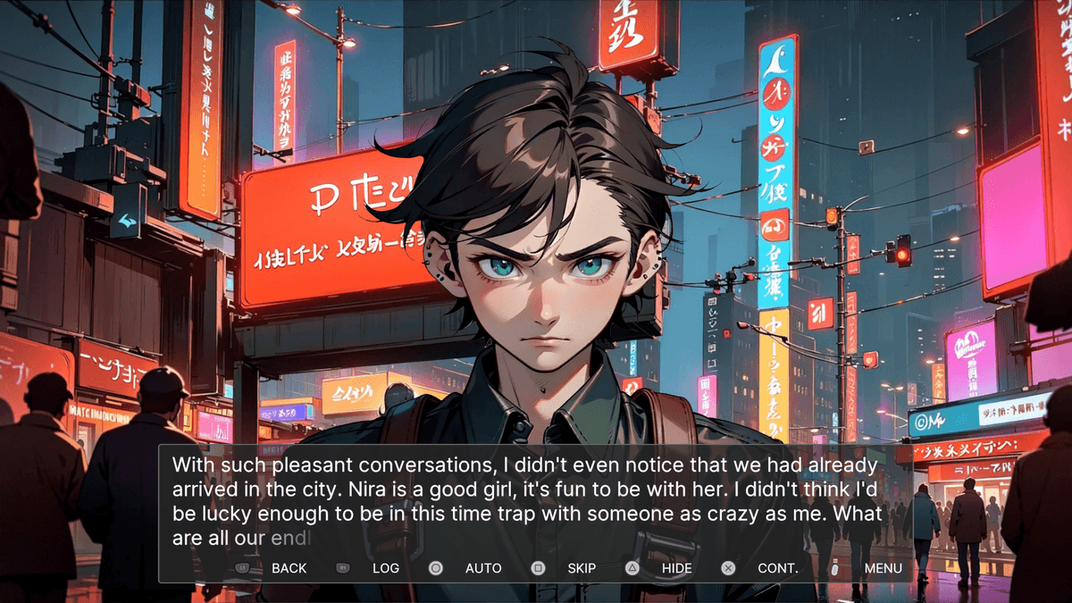 Morning - In a bustling neon city center, Ash narrates his thoughts about Nira, describing her as a good companion in the strange time loop they’re trapped in.