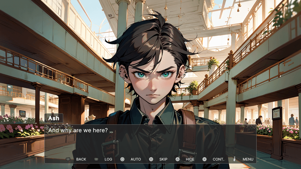 Morning - Ash stands in a sunlit indoor atrium filled with flowers and people in the background. He looks serious as he questions the purpose of being there.