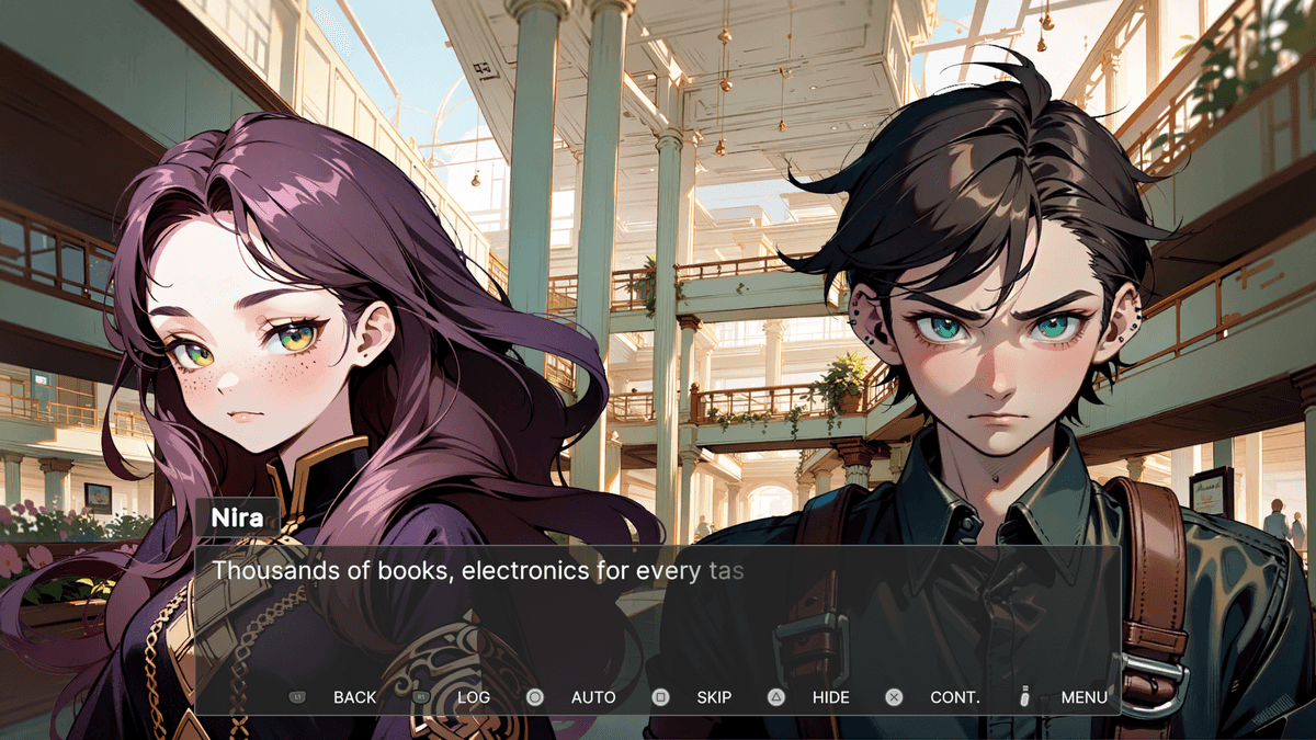 Morning - Nira and Ash stand in the bright, airy interior of a shopping center. Nira begins to describe what the place offers, starting with books and electronics.