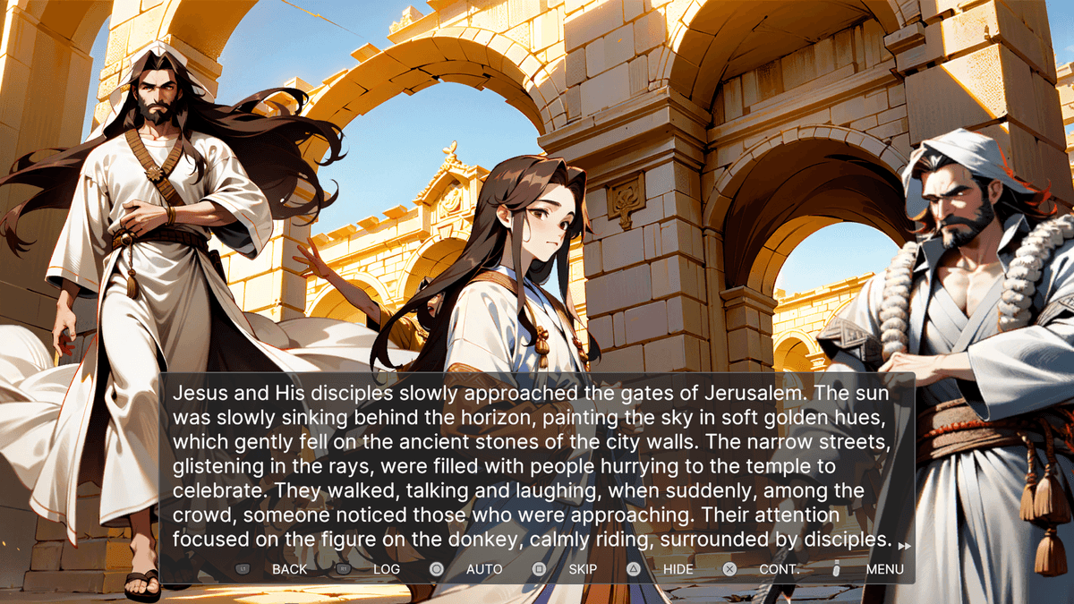 Past Easter - An indoor kitchen scene featuring warm wooden cabinets, a sink, and a counter. A girl with short black hair in a white robe holds a stick, looking inquisitive.