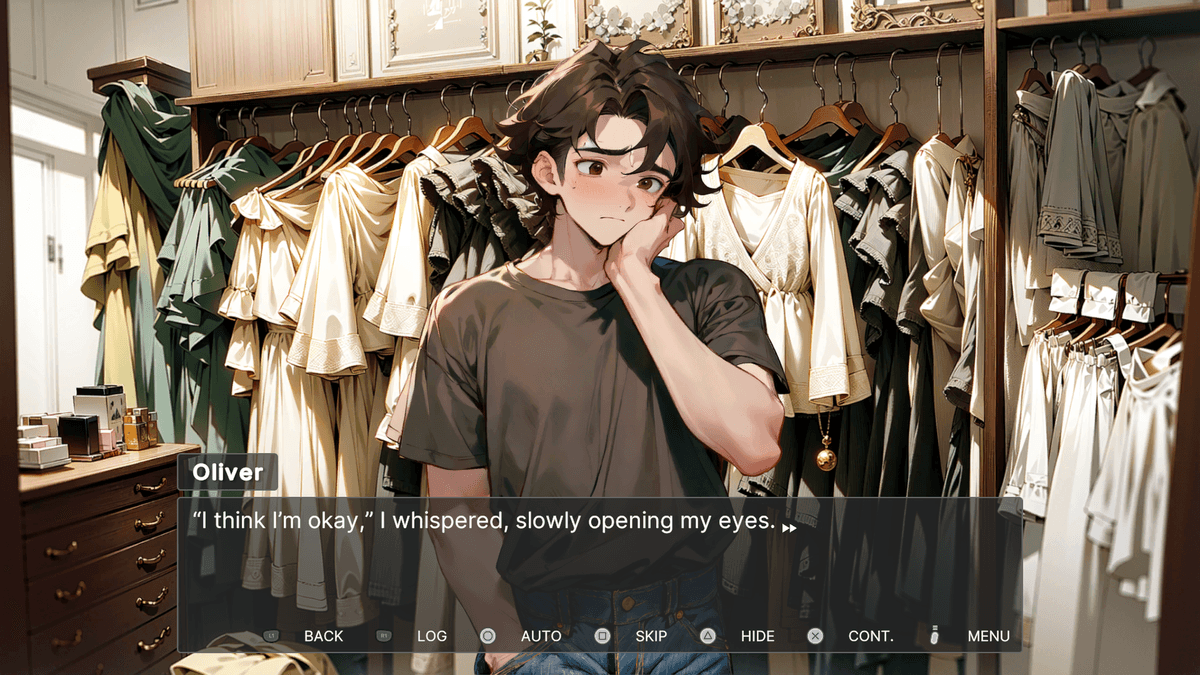 Puppet Theater – A young man named Oliver stands confused and slightly dazed in a luxurious boutique filled with neatly arranged vintage-style dresses in muted greens and creams.