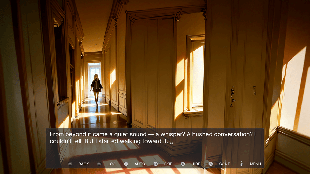 Puppet Theater – A dim, warm-lit hallway lined with classical wall panels stretches into the distance. A lone girl in a gothic-style dress walks toward a distant light source.