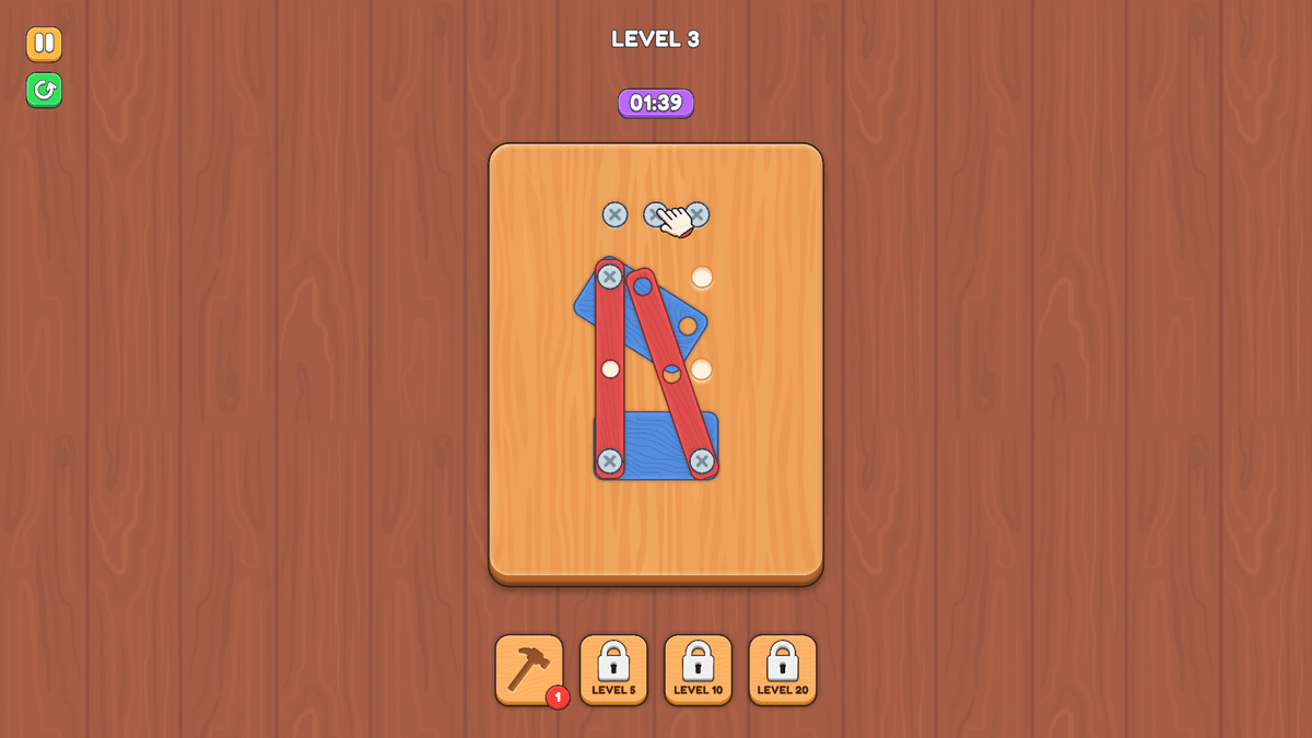 Screw Master - Level 3 puzzle with red and blue wooden pieces screwed together, showcasing the game interface.
