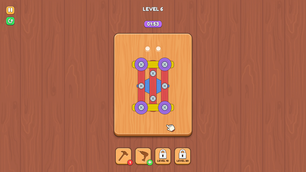 Screw Master - Level 6 puzzle featuring a symmetrical structure with multiple colored parts and screws.