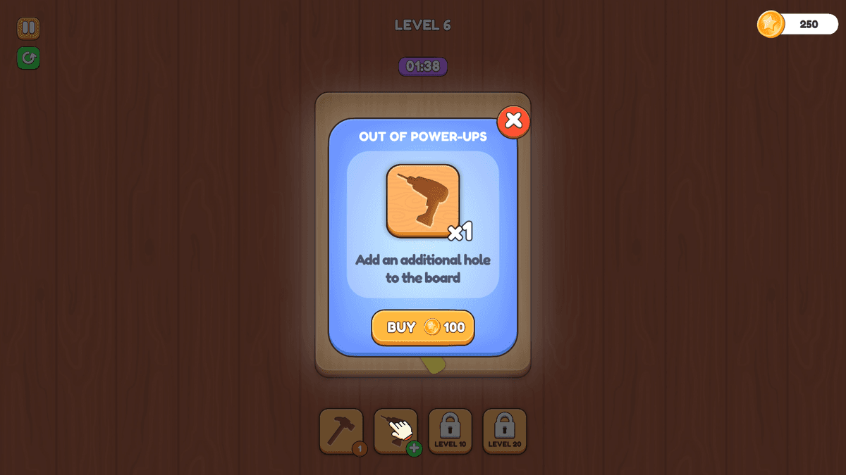 Screw Master - Power-up popup showing a drill icon, offering an option to add an additional hole to the board.