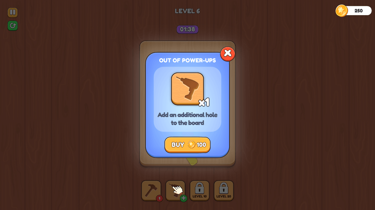 Screw Master - Power-up popup showing a drill icon, offering an option to add an additional hole to the board.