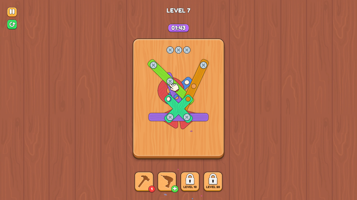 Screw Master - Level 7 with colorful intersecting wooden beams, player unscrewing a green piece.
