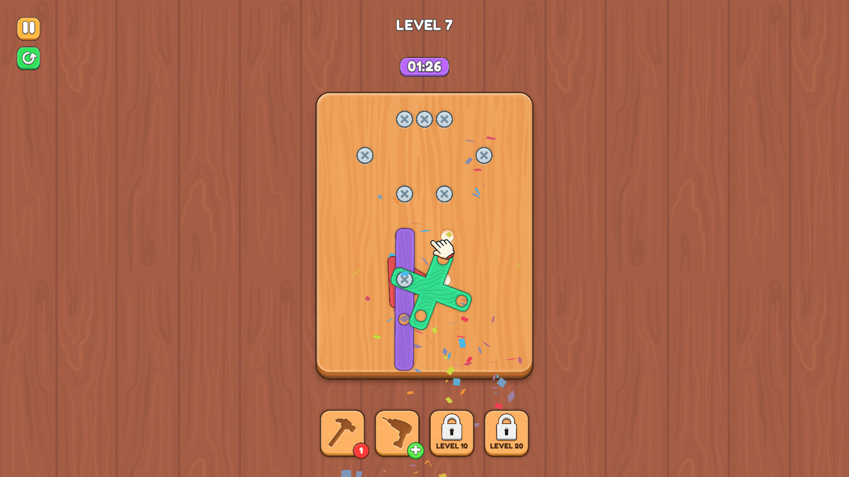 Screw Master - Confetti celebration as the player successfully unscrews parts in Level 7.
