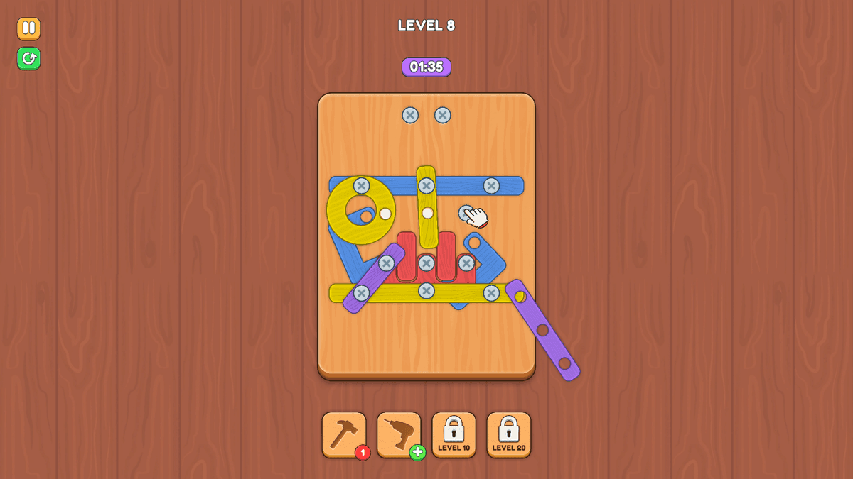 Screw Master - Complex structure in Level 8 with vibrant red, yellow, and blue components being unscrewed.