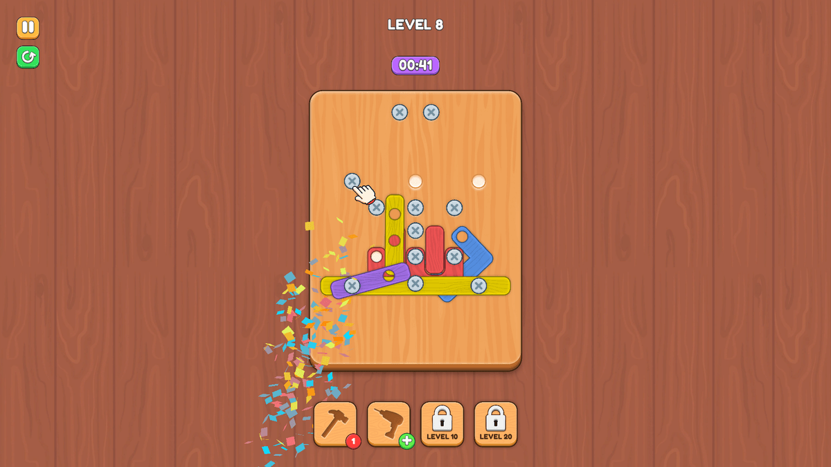 Screw Master - Screws and pieces flying apart with confetti in Level 8 after solving the puzzle.