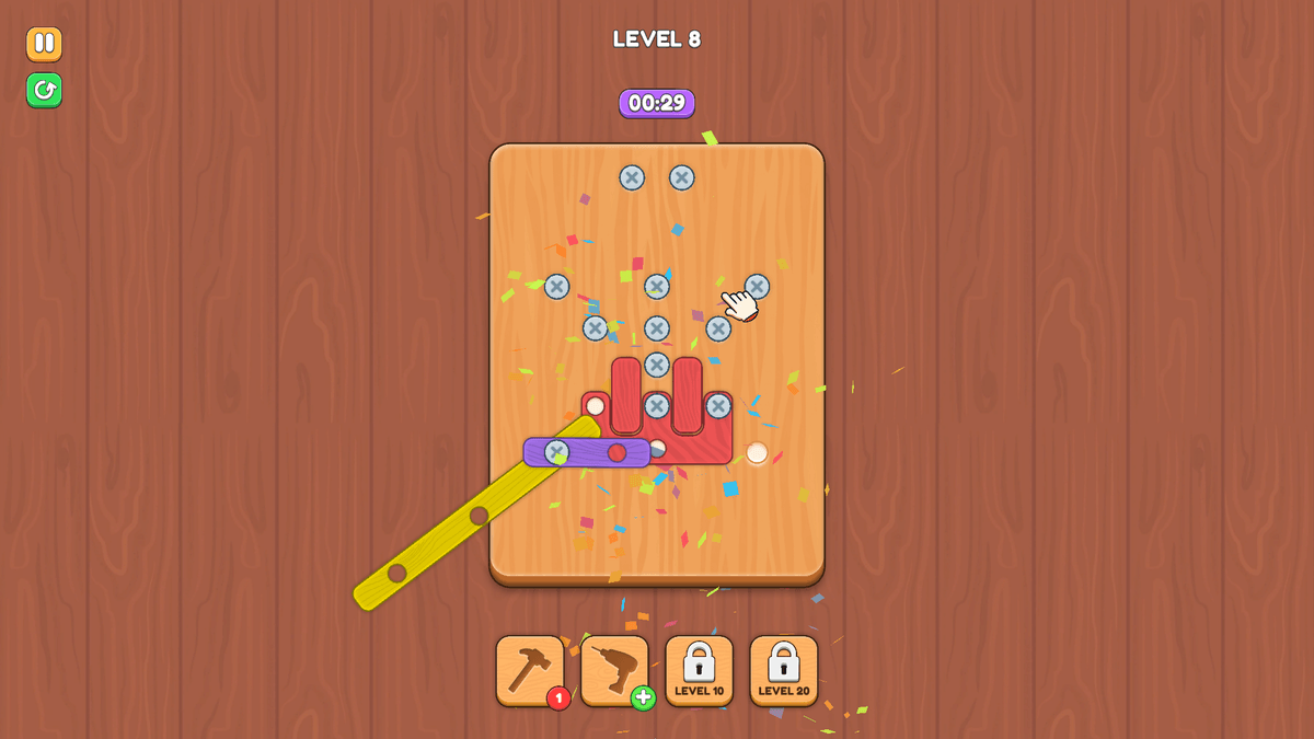 Screw Master - Final moments of Level 8 with scattered screws and vibrant confetti on the wooden background.