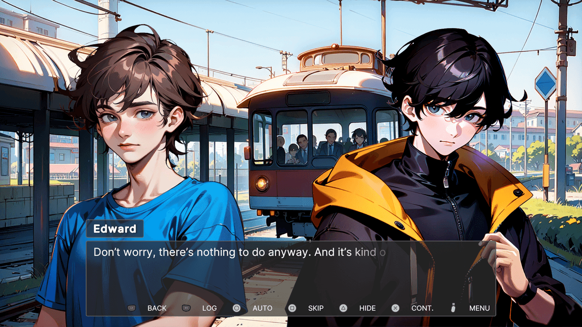 Secret: Edward and Ethan talk at a train station as a red tram approaches in the background.