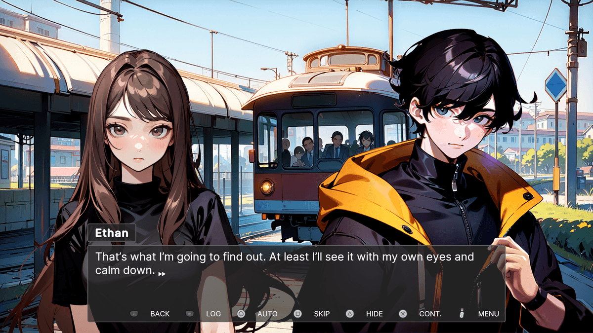 Secret: Ethan and a girl have a serious conversation in front of a tram at the train station.