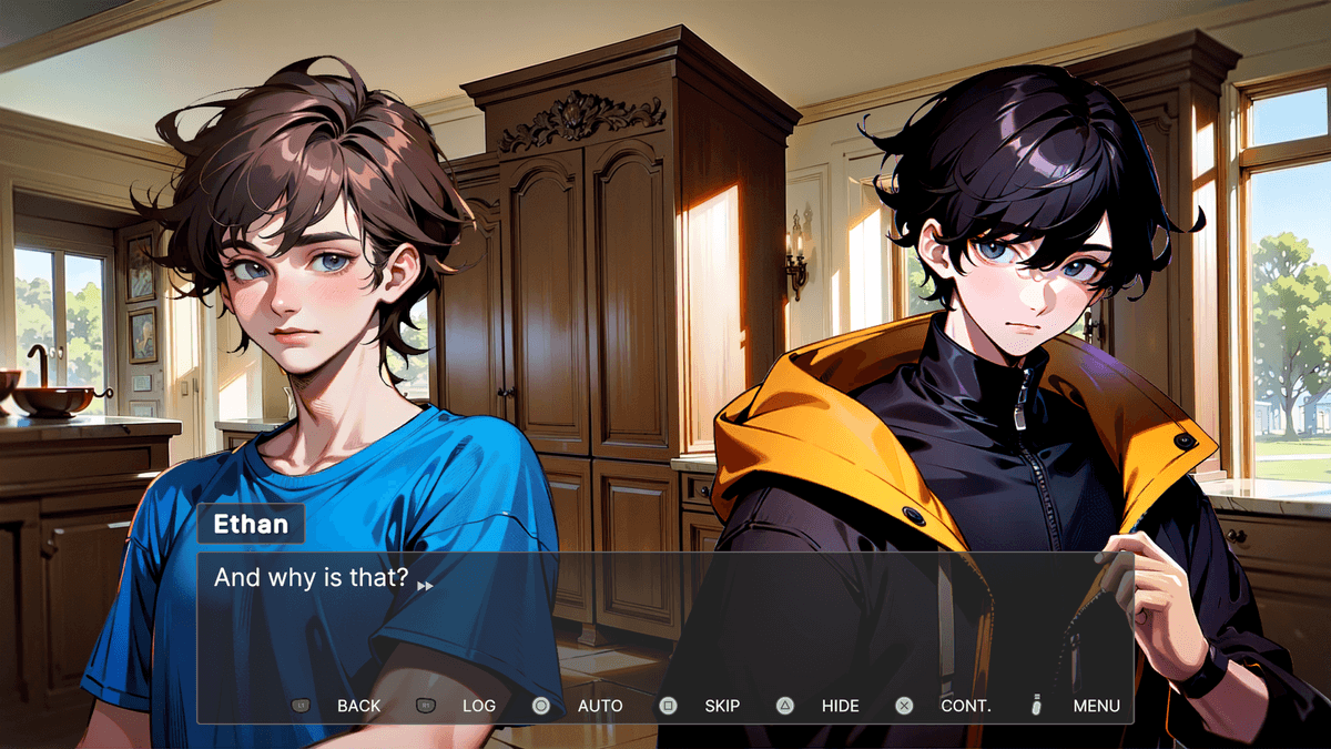 Secret: Ethan questions Edward in a sunlit kitchen with elegant wooden furnishings in Secret.