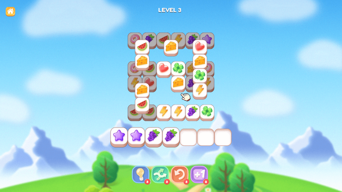 Tile Jong - A match-three tile puzzle game at Level 3, featuring various food and nature-themed tiles such as cheese, grapes, clovers, and hearts.