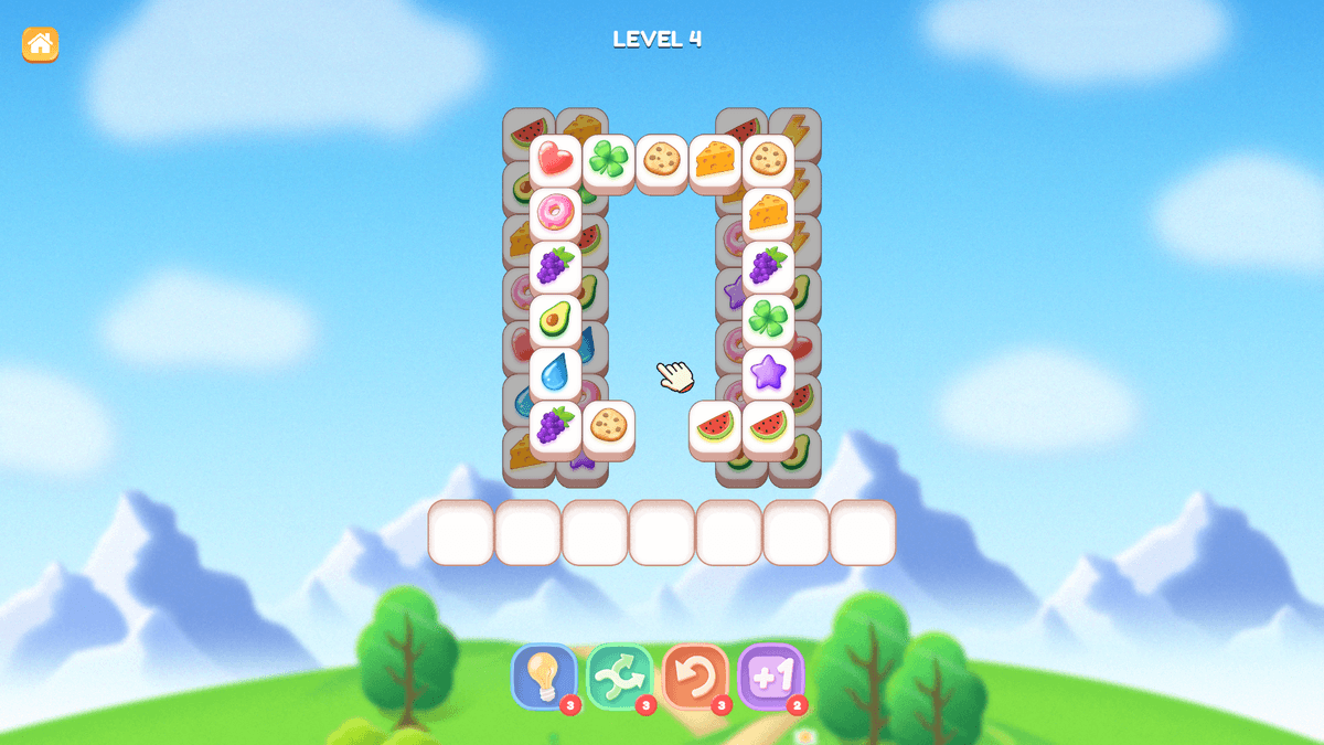 Tile Jong - A match-three tile puzzle game at Level 4, displaying a square-shaped arrangement of tiles with different symbols like cookies, water drops, clovers, and cheese