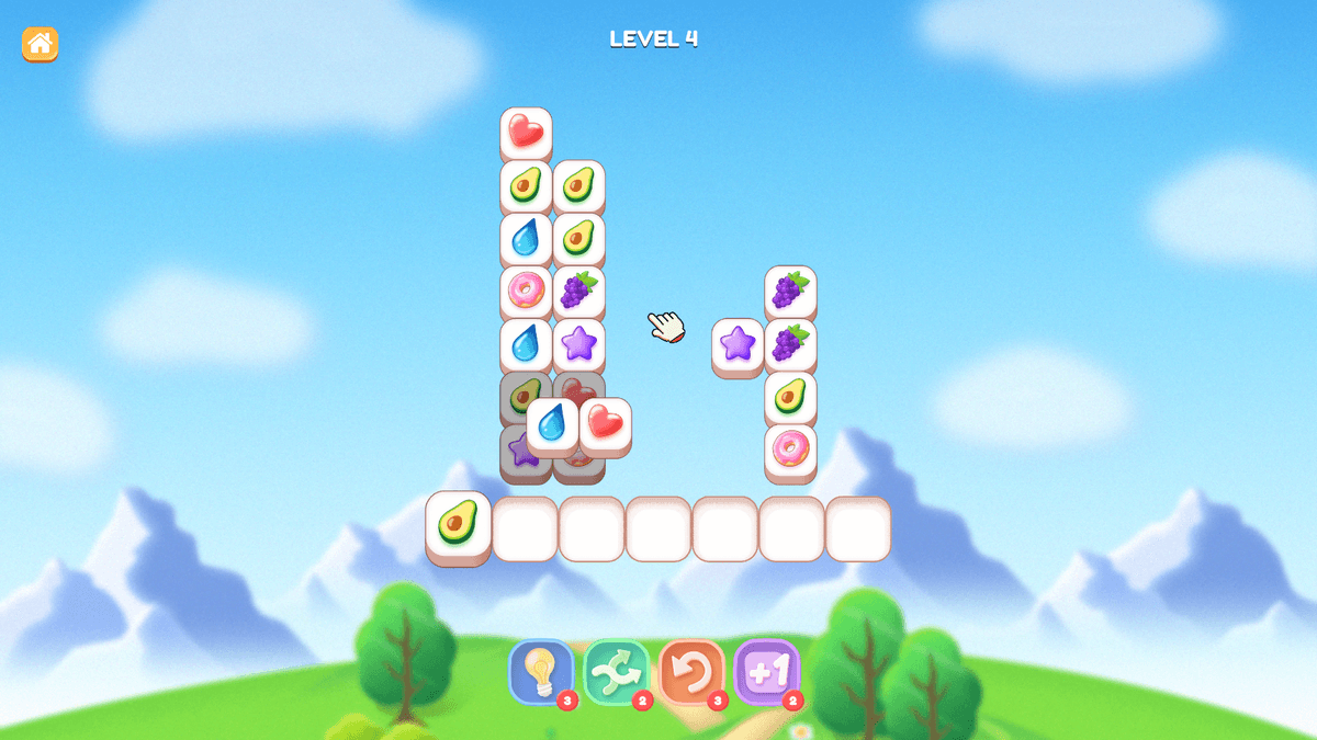 Tile Jong - A match-three tile puzzle game at Level 4, where tiles are significantly reduced, forming two vertical stacks. The player has collected multiple matching tiles, and the cursor is selecting another tile.