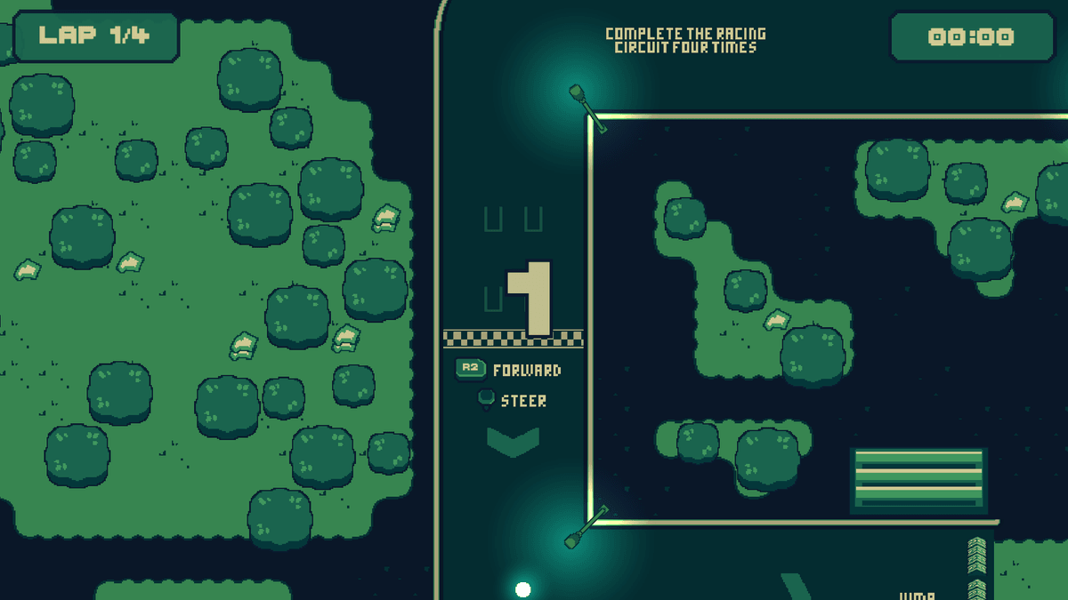 Turbo Hyper Drive tutorial page with large âPlayâ button and prompt to go to next pageâretro racing UI on a patterned automotive backdrop.