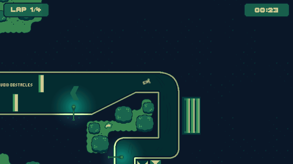 Turbo Hyper Drive race countdown—big ‘1’ on the grid with control hints (R2 Forward, Steer) and objective ‘Complete the circuit four times,’ ramps visible.