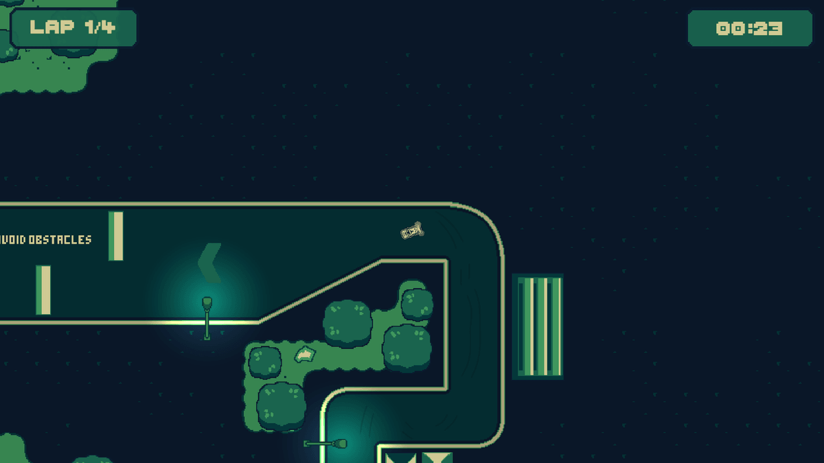 Turbo Hyper Drive race countdownâbig â1â on the grid with control hints (R2 Forward, Steer) and objective âComplete the circuit four times,â ramps visible.