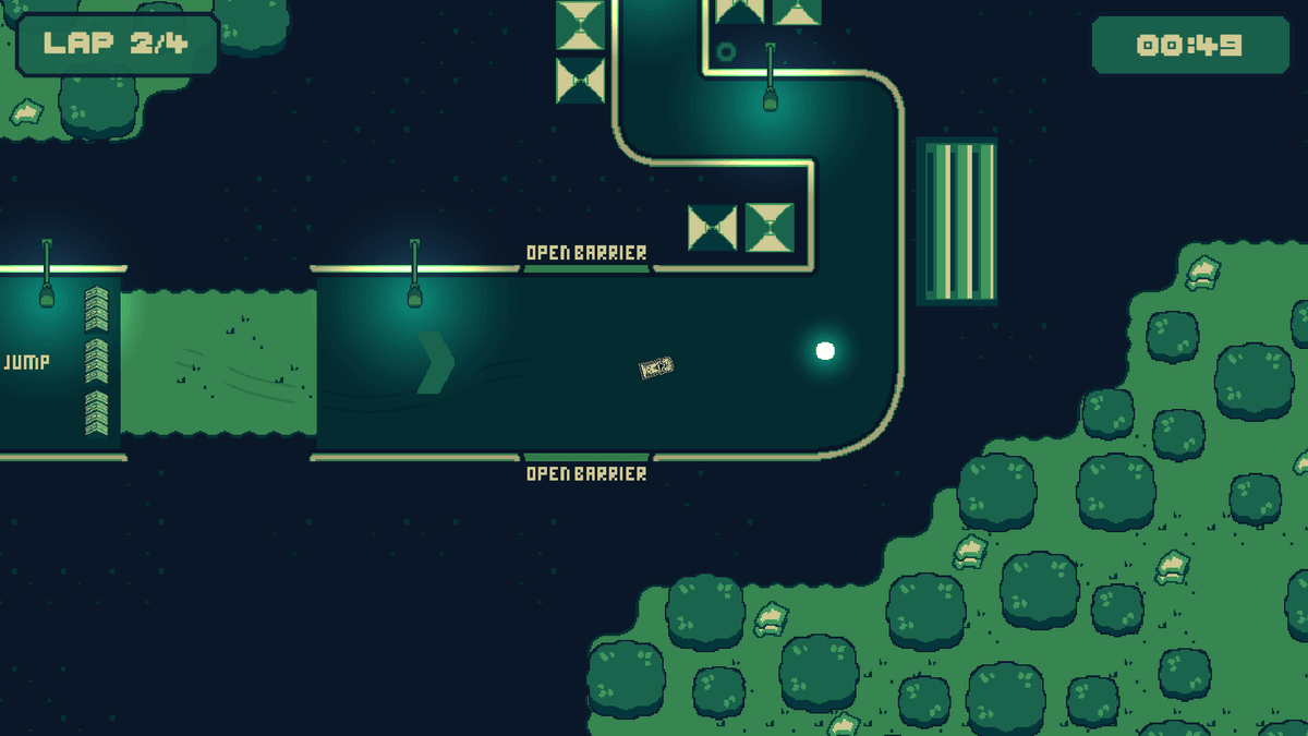 Turbo Hyper Drive gameplayâcar drifts through a sharp corner on a neon-lit top-down track toward a jump ramp; LAP 1/4 and 00:23 timer shown.