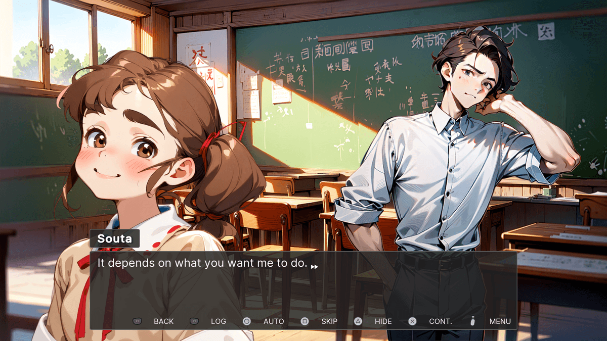 When the bell goes silent - Inside a sunlit classroom, Souta stands shyly scratching his neck while a cheerful girl with a red ribbon smiles warmly at him.