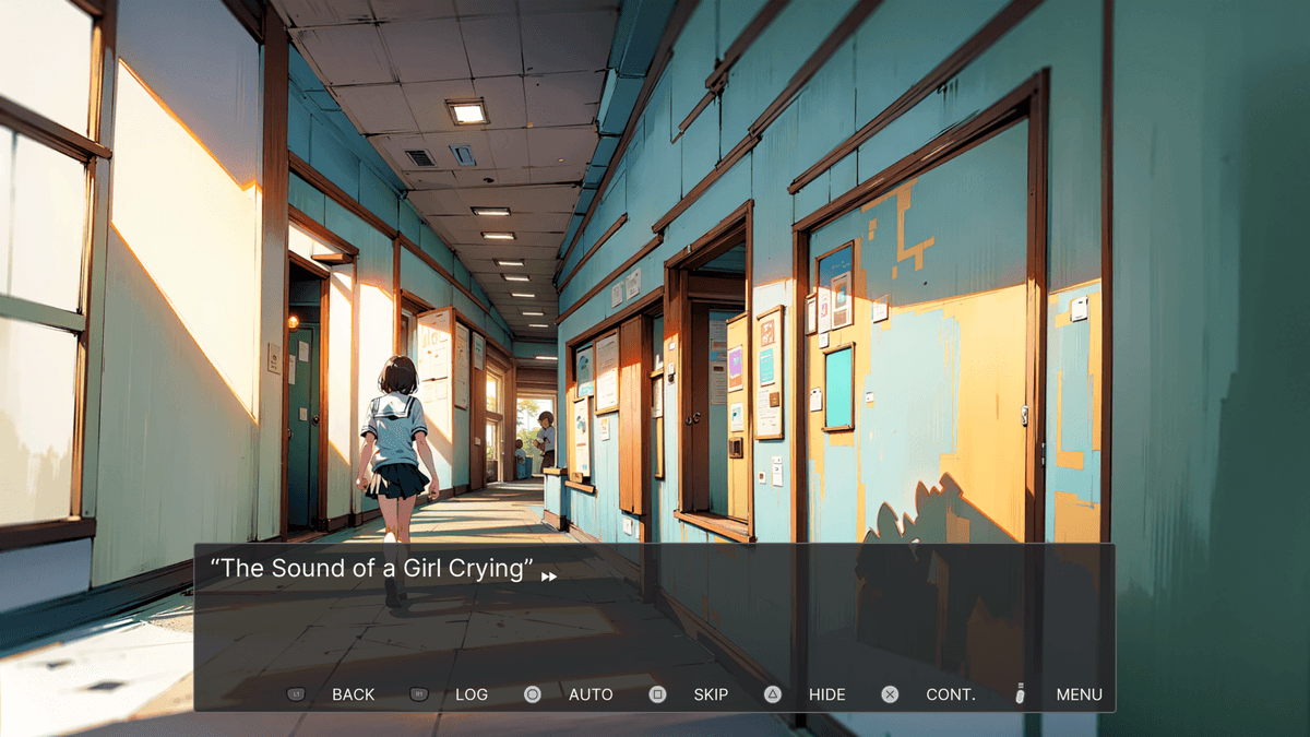 When the bell goes silent - A quiet school hallway painted teal and orange is bathed in afternoon sunlight. A girl in a sailor school uniform walks alone toward the far end of the corridor, her shadow trailing behind her.