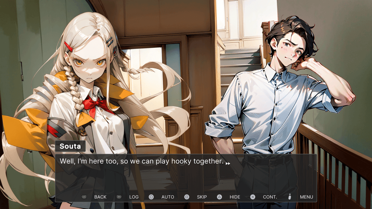 When the bell goes silent - Souta encounters Miyu, a mysterious girl with long white-blonde hair and piercing yellow eyes, dressed in a school uniform with a bold yellow jacket.