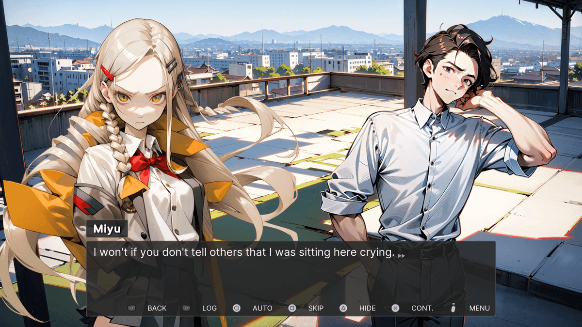 When the bell goes silent - On the rooftop of the school overlooking a cityscape and mountains in the distance, Miyu stares sternly ahead while Souta stands beside her.